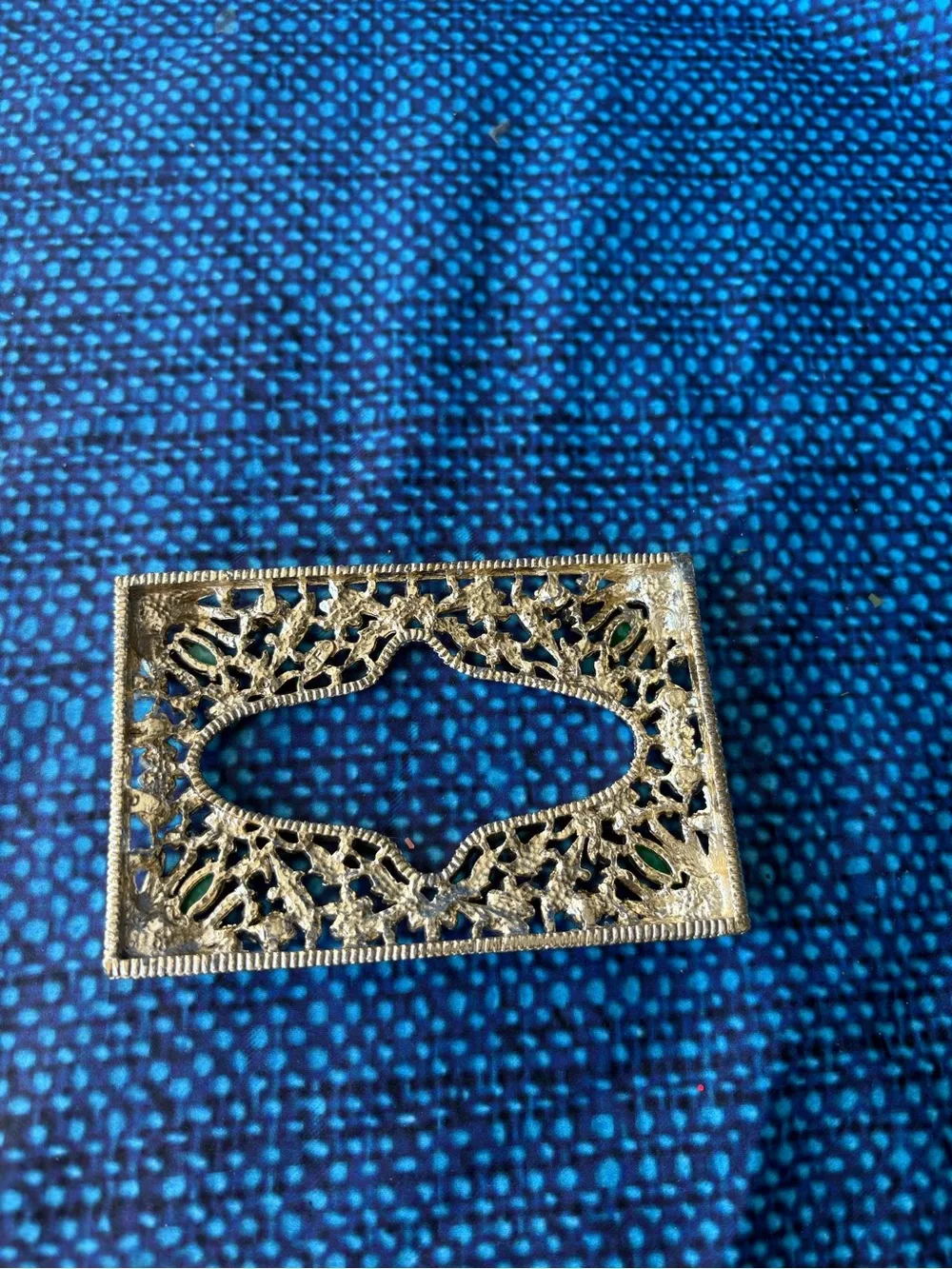 Ornate Silver-Tone Rectangular Brooch with Green Gem Accents
